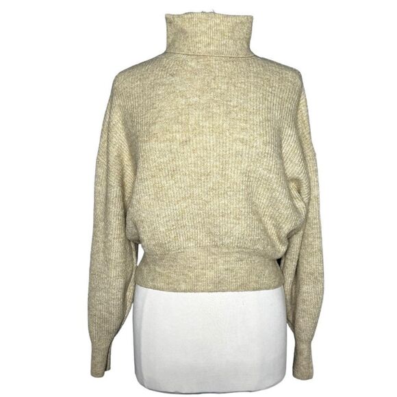 H&M Ladies Cropped Ballon Sleeve Turtleneck Sweater Oatmeal Heather Stretch Knit - Picture 1 of 6